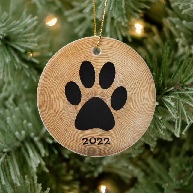 Ornamento De Cerâmica Rustic Paw Print Personalizado (Árvore)