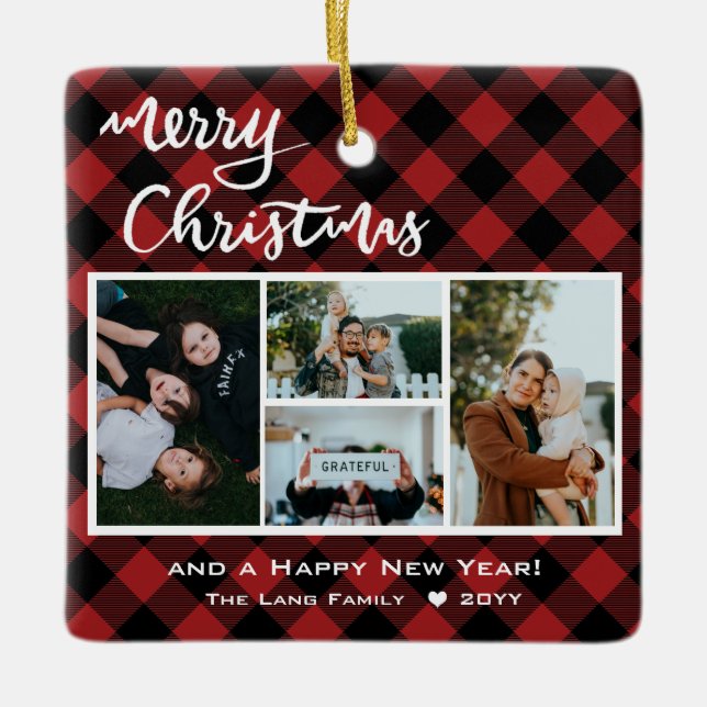 Ornamento De Cerâmica Rustic Red Black Buffalo Cheque Feliz Natal (Frente)