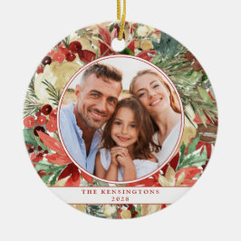 Ornamento De Cerâmica Rustic Red Holiday Floral Christmas Photo Cerâmica