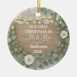 Ornamento De Cerâmica Rustic Wood & Eucalyptus Mr & Mrs Christmas