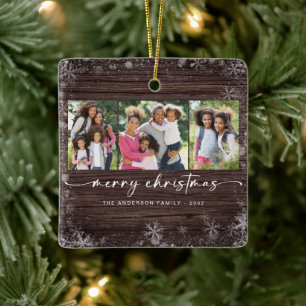 Ornamento De Cerâmica Rustic Wood Snowflake Foto Feliz Natal