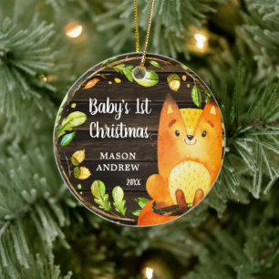 Ornamento De Cerâmica Rustic Woodland Fox Baby Primeiro Natal