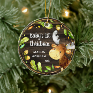 Ornamento De Cerâmica Rustic Woodland Moose Baby Primeiro Natal