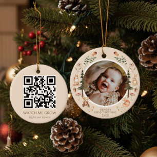 Ornamento De Cerâmica Rustic Woodland Primeiro Código QR de Foto de Nata