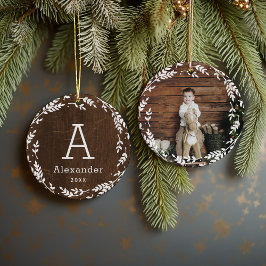 Ornamento De Cerâmica Rustic Wreath Photo e Monograma Keepsasasaame