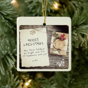 Ornamento De Cerâmica Rústico Madeira Antiga Manuscrito Feliz Natal