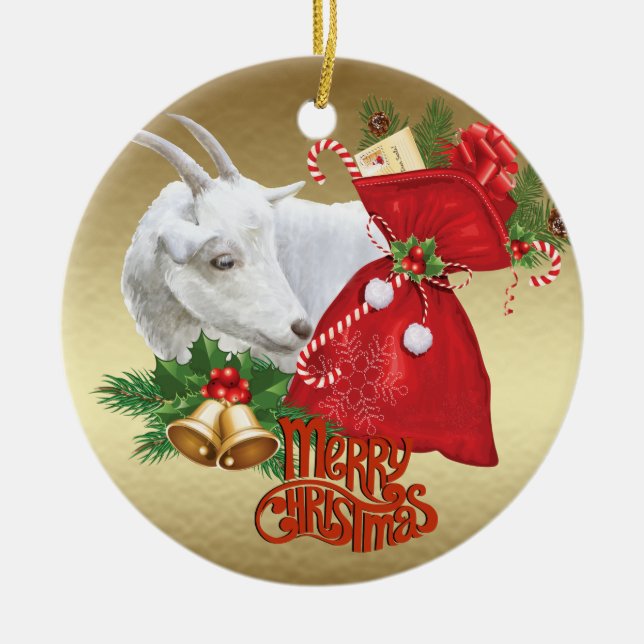 Ornamento De Cerâmica Saanen Christmas Goat with Holiday Spirit (Frente)