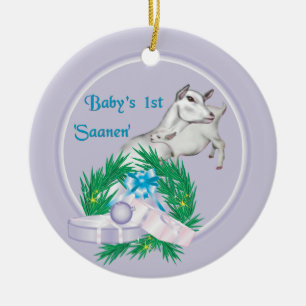 Ornamento De Cerâmica Saanen Goat Baby's First Christmas Wreath Holiday