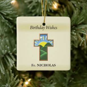 Ornamento De Cerâmica Sacerdote Cruzado de Aniversário Personalizado