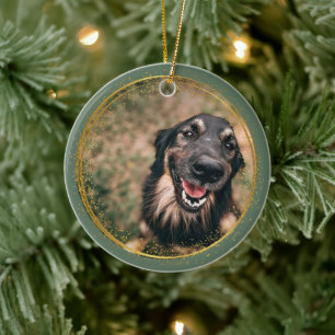 Ornamento De Cerâmica Sage e Ouro de Natal com Foto Personalizada em Mem
