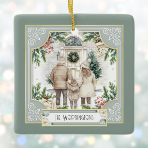 Ornamento De Cerâmica Sage Green Boho Família Personalizada Chic