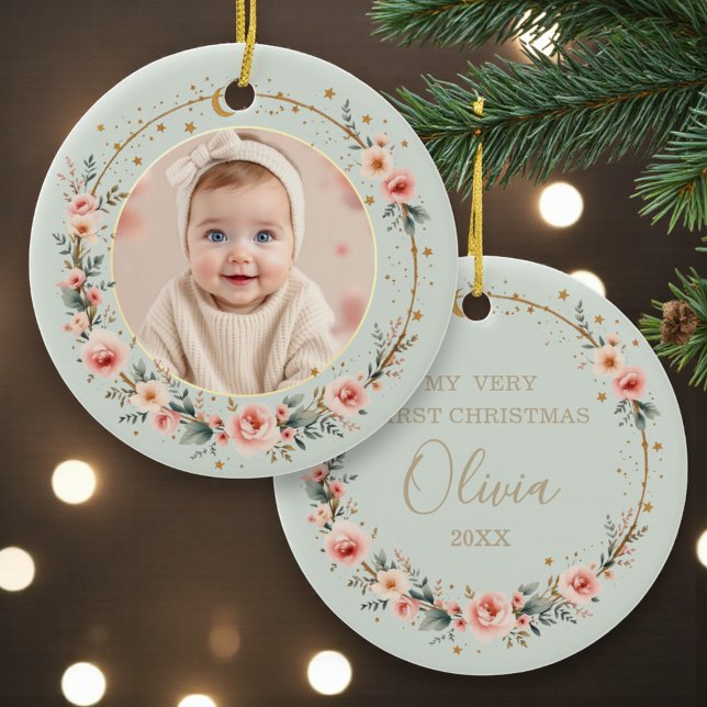 Ornamento De Cerâmica Sage Green Celestial Baby First Christmas Photo (Criador carregado)