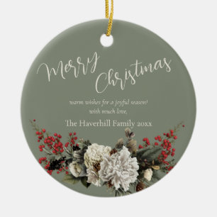 Ornamento De Cerâmica Sage Green Christmas Floral Family Name Modern