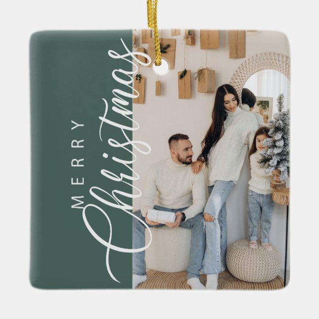 Ornamento De Cerâmica Sage Green - Foto de Natal feliz (Frente)