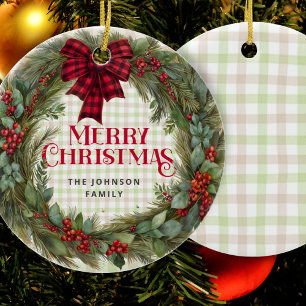Ornamento De Cerâmica Sage Green Gingham Farmhouse Wreath