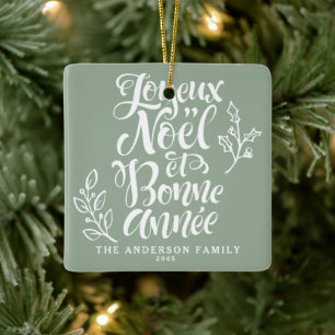 Ornamento De Cerâmica Sage Green Joyeux Noël e Bonne Année Calliographic