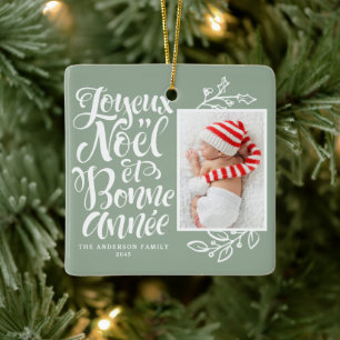 Ornamento De Cerâmica Sage Green Joyeux Noël e Bonne Année Photo