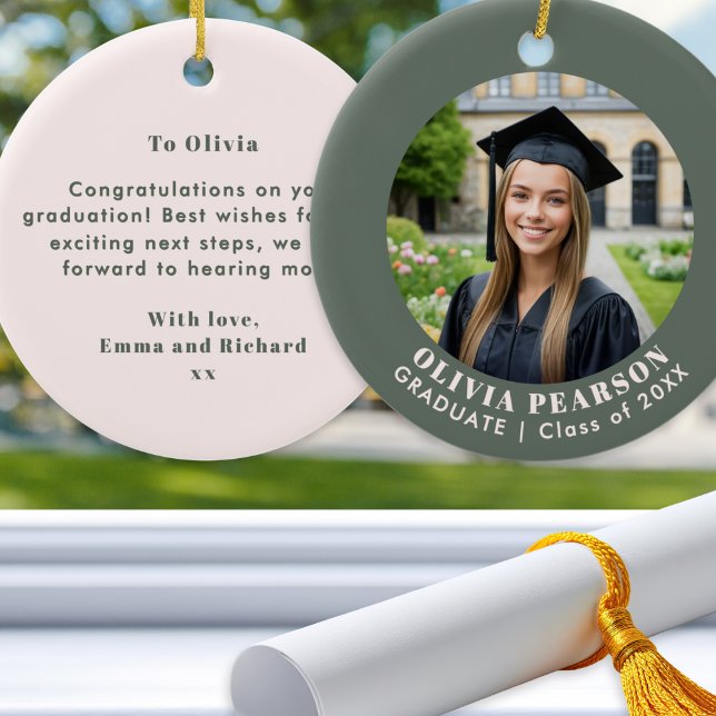 Ornamento De Cerâmica Sage Green Modern Photo Graduation Keepsake (A graduation ornament in sage green and blush pink, with photo, name, year and custom message)