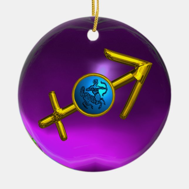 Ornamento De Cerâmica SAGITTARIUS ZODIAC ANIVERSÁRIO JEWEL Azul Roxo Gem (Frente)