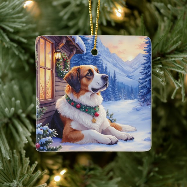 Ornamento De Cerâmica Saint Bernard Snowy Mountain Lodge Christmas Dog (Árvore)