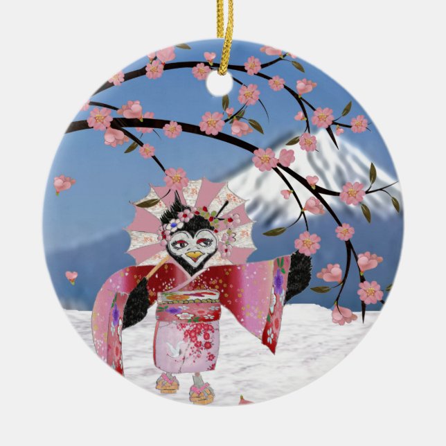Ornamento De Cerâmica Sakura Geisha Bird no Snow Cherry Blossoms (Frente)
