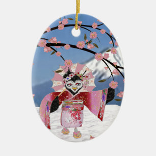 Ornamento De Cerâmica Sakura Geisha Bird no Snow Cherry Blossoms