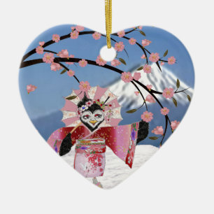 Ornamento De Cerâmica Sakura Geisha Pássaro na Neve Flores de Cerejeira