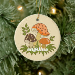 Ornamento De Cerâmica Sala de feliz com nome personalizado<br><div class="desc">Um design divertido com cogumelos fungos. Um design com abacate verde,  castanho e laranja.</div>