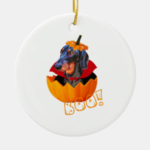 Ornamento De Cerâmica Salsicha de Halloween Boo Pumpkin Dachshund