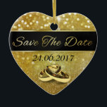 Ornamento De Cerâmica Salve a data Dourada dos Anéis de Casamento - Orna<br><div class="desc">Glitter de ouro elegante e luxuoso com 2 anéis de ouro interligados.</div>
