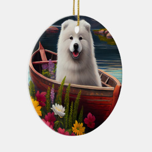 Ornamento De Cerâmica Samoyed em um Paddle: Uma Aventura Cênica
