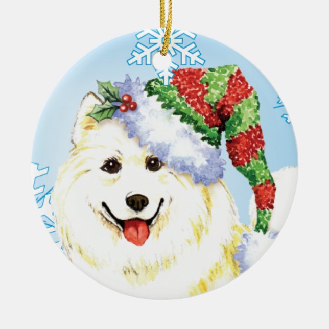 Ornamento De Cerâmica Samoyed feliz de Howlidays (Frente)