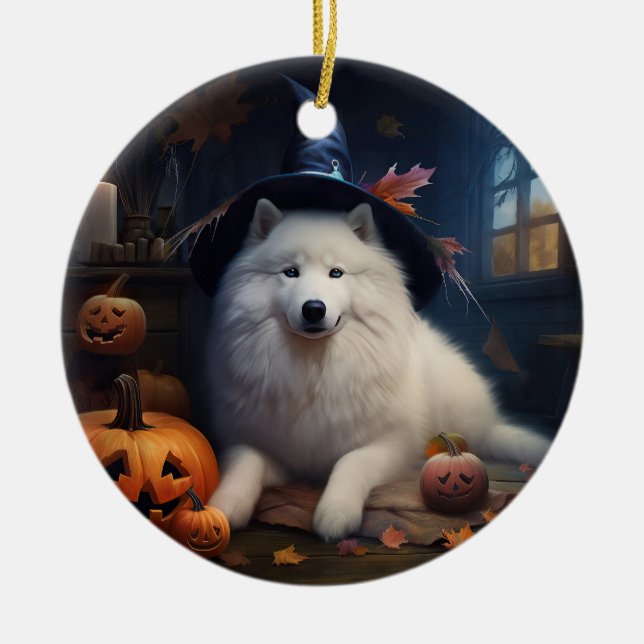 Ornamento De Cerâmica Samoyed Pumpkins Halloween Scary (Frente)