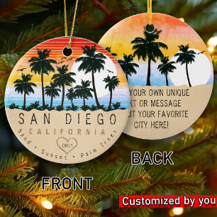 Ornamento De Cerâmica San Diego California Retro Sunset Palm tree 60s