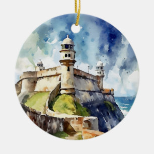 Ornamento De Cerâmica San Juan Porto Rico Fort Morro Watercolor