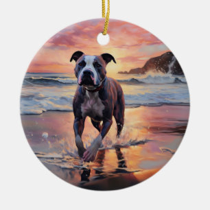 Ornamento De Cerâmica Sandy American Staffordshire Dog em Beach Sunset