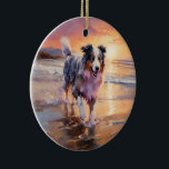 Ornamento De Cerâmica Sandy Australian Shepherd Dog on Beach Sunset<br><div class="desc">Mergulhe na beleza tranquila do nosso cão "Sandy Paws and Sunset Hues" na design do pôr do sol da praia. Esta cena cativante captura a essência de uma noite perfeita na costa, com um companheiro leal canino desfrutando das areias ouros e das lutas respiratórias do sol. Quer você seja um...</div>