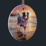 Ornamento De Cerâmica Sandy Australian Shepherd Dog on Beach Sunset<br><div class="desc">Mergulhe na beleza tranquila do nosso cão "Sandy Paws and Sunset Hues" na design do pôr do sol da praia. Esta cena cativante captura a essência de uma noite perfeita na costa, com um companheiro leal canino desfrutando das areias ouros e das lutas respiratórias do sol. Quer você seja um...</div>