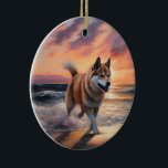 Ornamento De Cerâmica Sandy Paws Akita Dog em Beach Sunset<br><div class="desc">Mergulhe na beleza tranquila do nosso cão "Sandy Paws and Sunset Hues" na design do pôr do sol da praia. Esta cena cativante captura a essência de uma noite perfeita na costa, com um companheiro leal canino desfrutando das areias ouros e das lutas respiratórias do sol. Quer você seja um...</div>