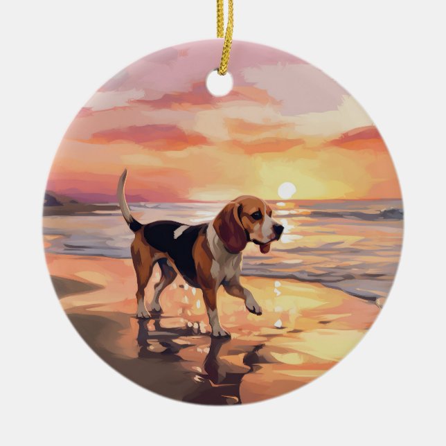 Ornamento De Cerâmica Sandy Paws Beagle Dog em Beach Sunset (Frente)