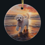 Ornamento De Cerâmica Sandy Paws Bichon Frise Dog em Beach Sunset<br><div class="desc">Mergulhe na beleza tranquila do nosso cão "Sandy Paws and Sunset Hues" na design do pôr do sol da praia. Esta cena cativante captura a essência de uma noite perfeita na costa, com um companheiro leal canino desfrutando das areias ouros e das lutas respiratórias do sol. Quer você seja um...</div>