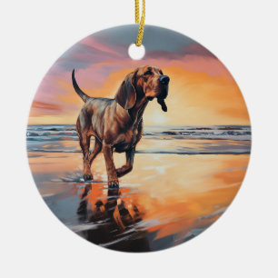 Ornamento De Cerâmica Sandy Paws Bloodhound Dog em Beach Sunset