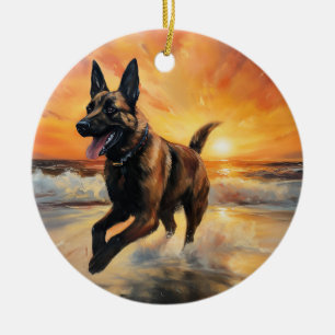Ornamento De Cerâmica Sandy Paws Cão Malinois Belga na Praia ao Pôr do S
