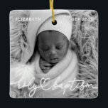 Ornamento De Cerâmica Santa Batismo Foto do Bebê do Coração Chic Moderno<br><div class="desc">Essa design simples e moderna é composta por tipografia de serifa e adiciona uma foto personalizada,  adiciona nome de bebê e mês e ano de batismo</div>