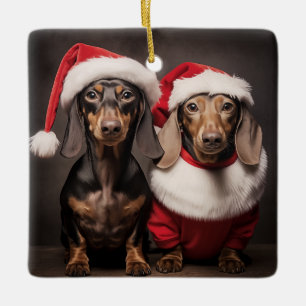 Ornamento De Cerâmica Santa Claus Dachshund Twins