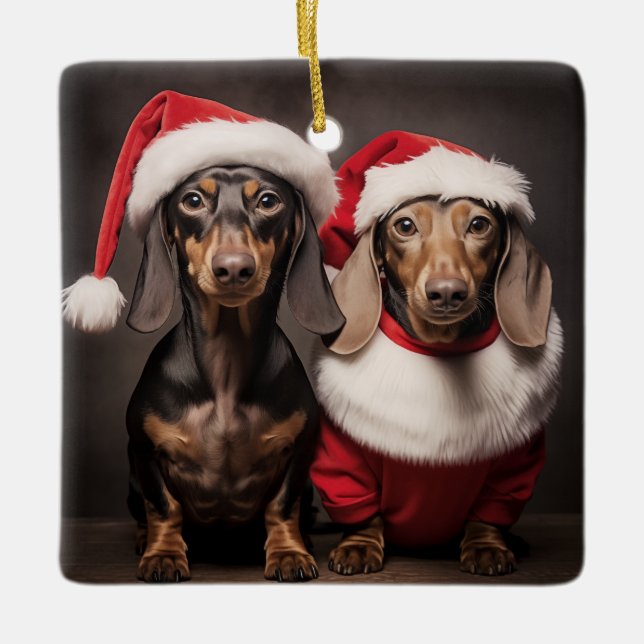 Ornamento De Cerâmica Santa Claus Dachshund Twins (Frente)