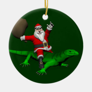 Ornamento De Cerâmica Santa Claus Riding Green Lizard