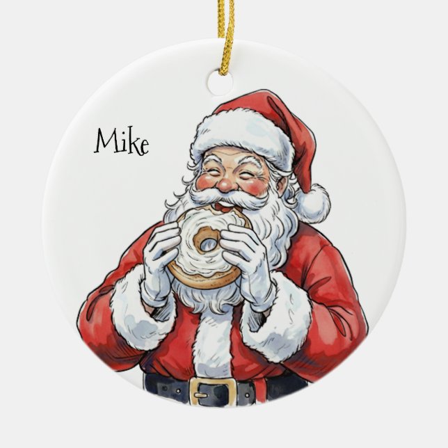 Ornamento De Cerâmica Santa eating bagel Ornament (Frente)