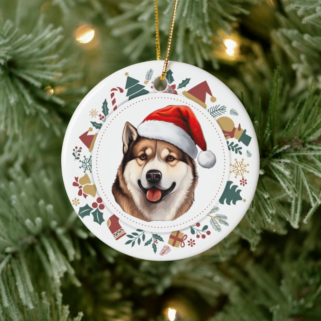 Ornamento De Cerâmica Santa Hat Akita Dog Christmas Images Wreath (Árvore)