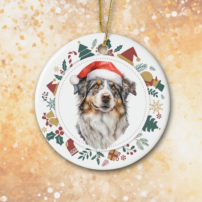 Ornamento De Cerâmica Santa Hat, Austrália Shepherd Dog Fera de Natal (Criador carregado)